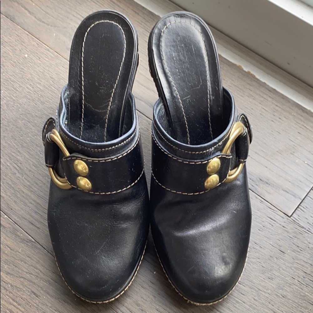 Coach leather mules with gold hardware